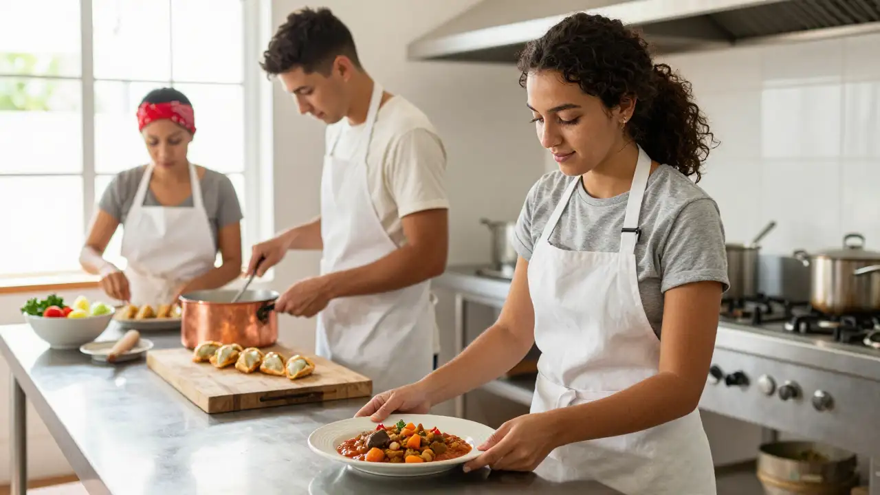 Ilustración generada con IA: Tres estudiantes de cocina con delantales blancos preparan platos en una cocina escolar