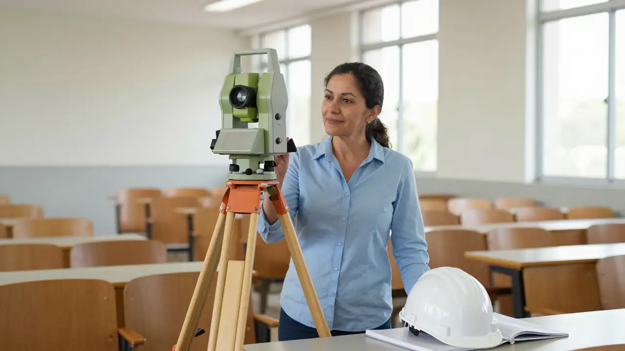 Ilustración generada con IA: Ingeniera junto a una estación total en un aula universitaria, con casco blanco y cuaderno cerrado