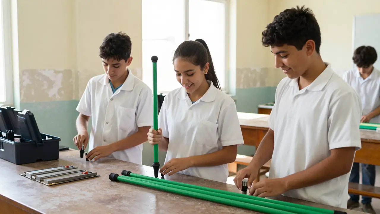 Ilustración generada con IA: Tres estudiantes colocan regatones en bastones verdes en el taller de la escuela.