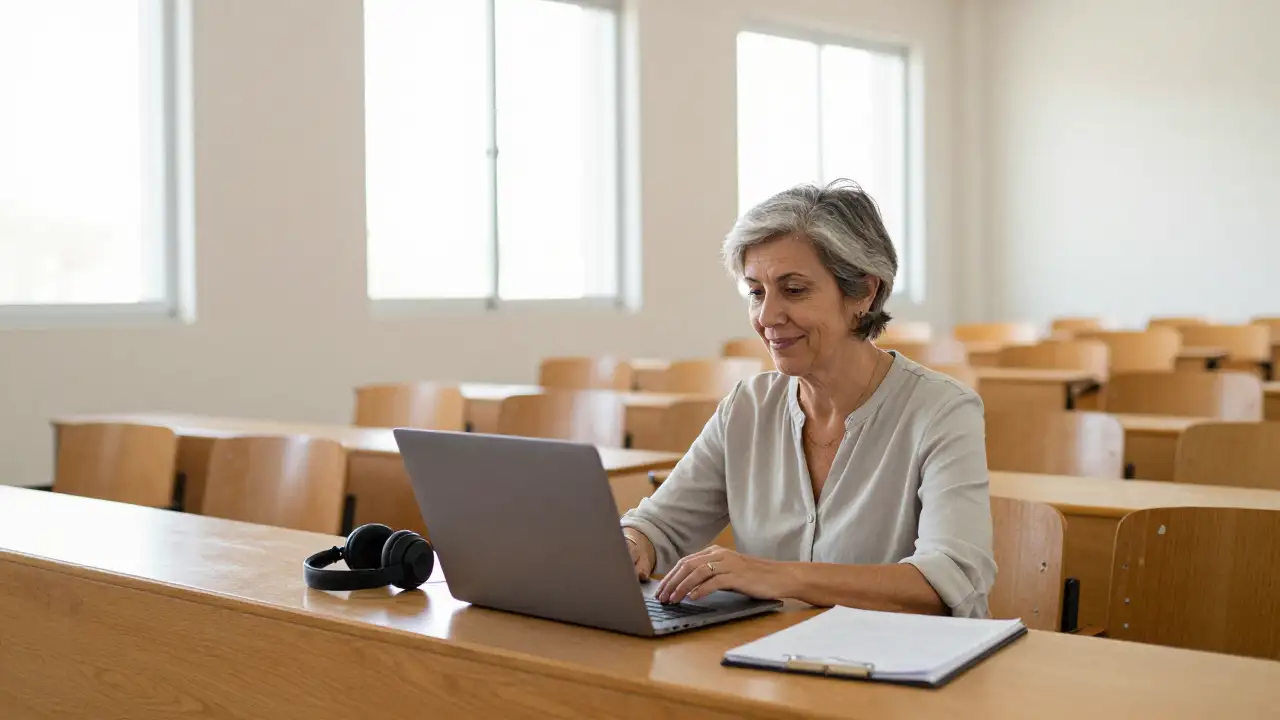 Ilustración generada con IA: Una docente en un aula universitaria sigue una videollamada en su laptop, con auriculares y una carpeta cerrada
