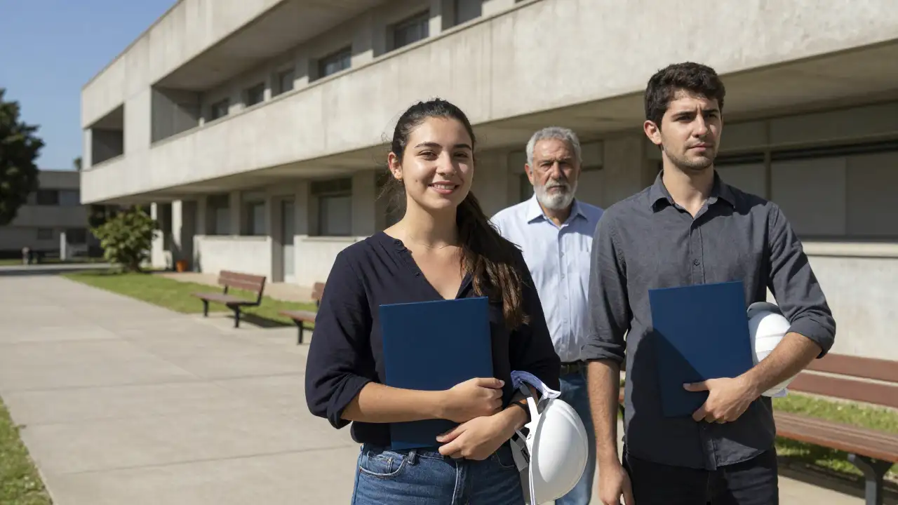 Ilustración generada con IA: Joven egresada con diploma junto a compañero y profesor frente a la facultad.