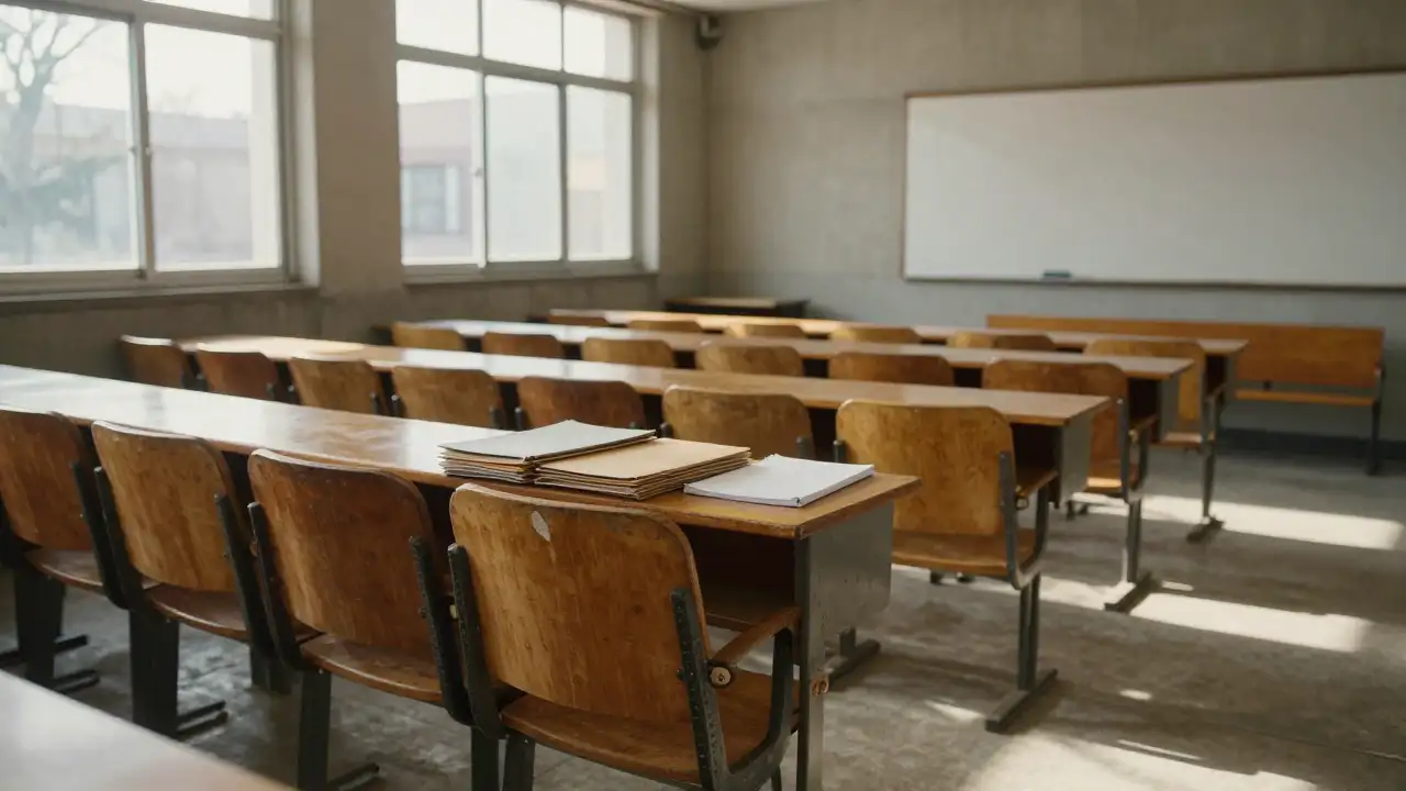 Ilustración generada con IA: Aula universitaria vacía con carpetas cerradas sobre el escritorio a la mañana.
