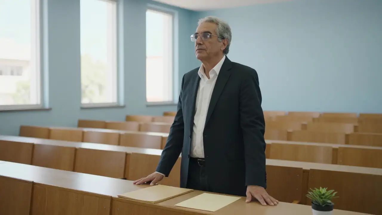 Ilustración generada con IA: Un hombre de traje apoya las manos en un pupitre de una sala universitaria, junto a una carpeta y un sobre