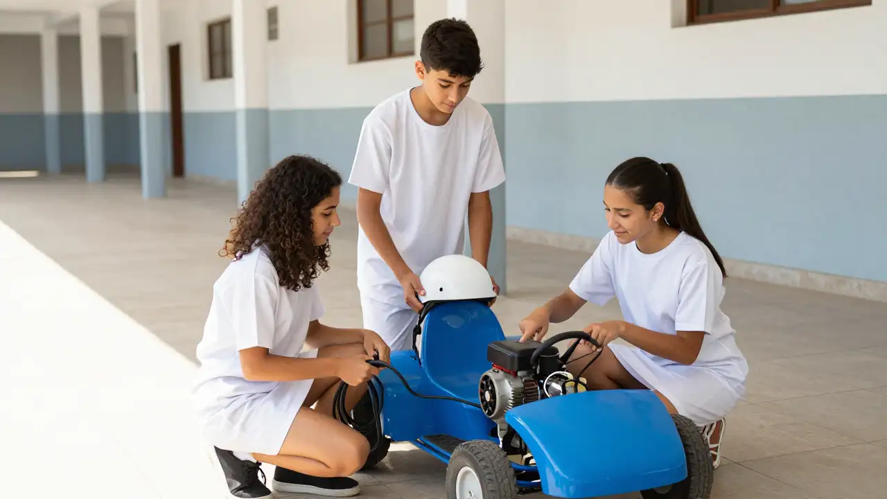 Ilustración generada con IA: Tres alumnos con guardapolvos rodean un kart eléctrico azul en el patio escolar