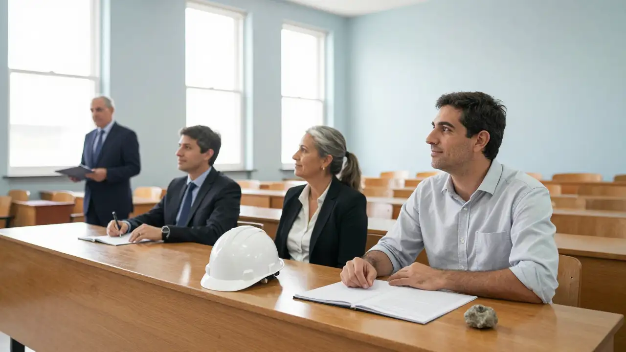 Ilustración generada con IA: Profesionales en un aula universitaria con un casco minero y una carpeta cerrada sobre el escritorio