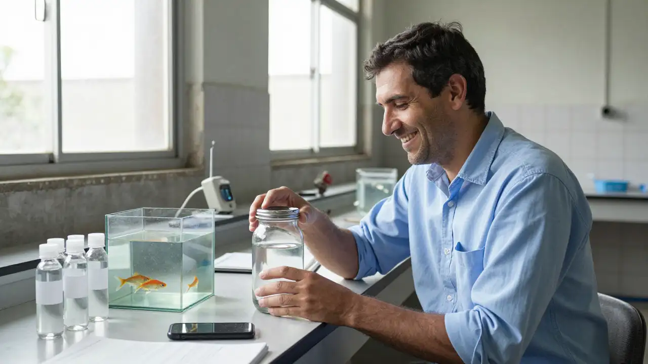 Ilustración generada con IA: Investigador en laboratorio con pecera, muestras de agua y sensor satelital.