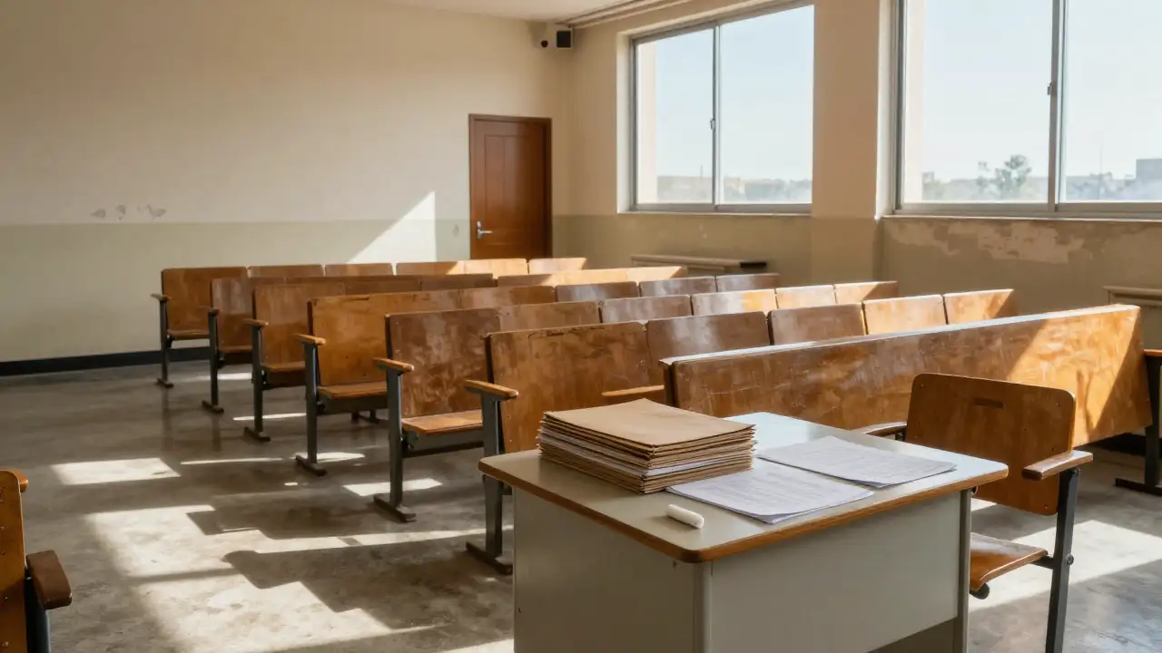 Ilustración generada con IA: Aula universitaria vacía con sillas de madera y carpetas cerradas sobre el escritorio.