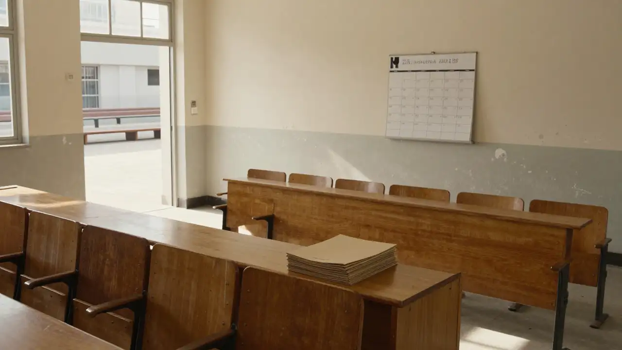 Ilustración generada con IA: Aula universitaria vacía con pupitres de madera y carpetas cerradas sobre el escritorio.
