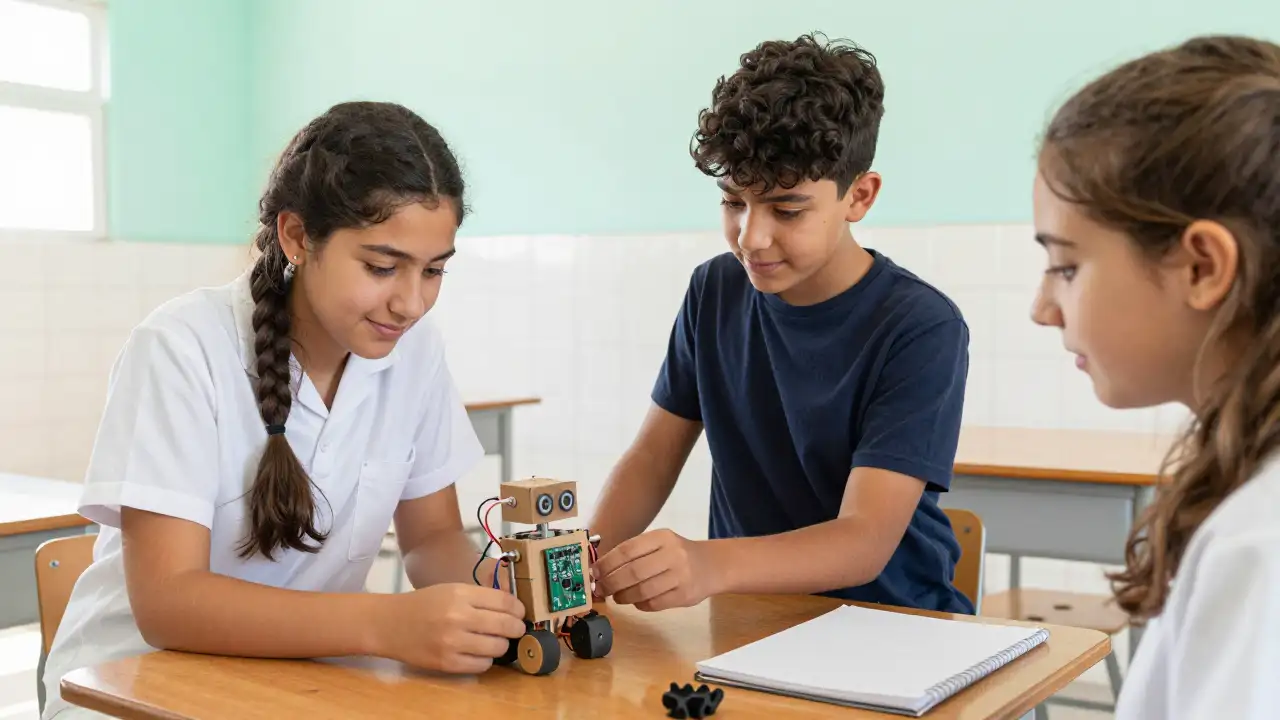 Ilustración generada con IA: Tres estudiantes muestran un robot y una pieza impresa en 3D en el patio de una escuela técnica