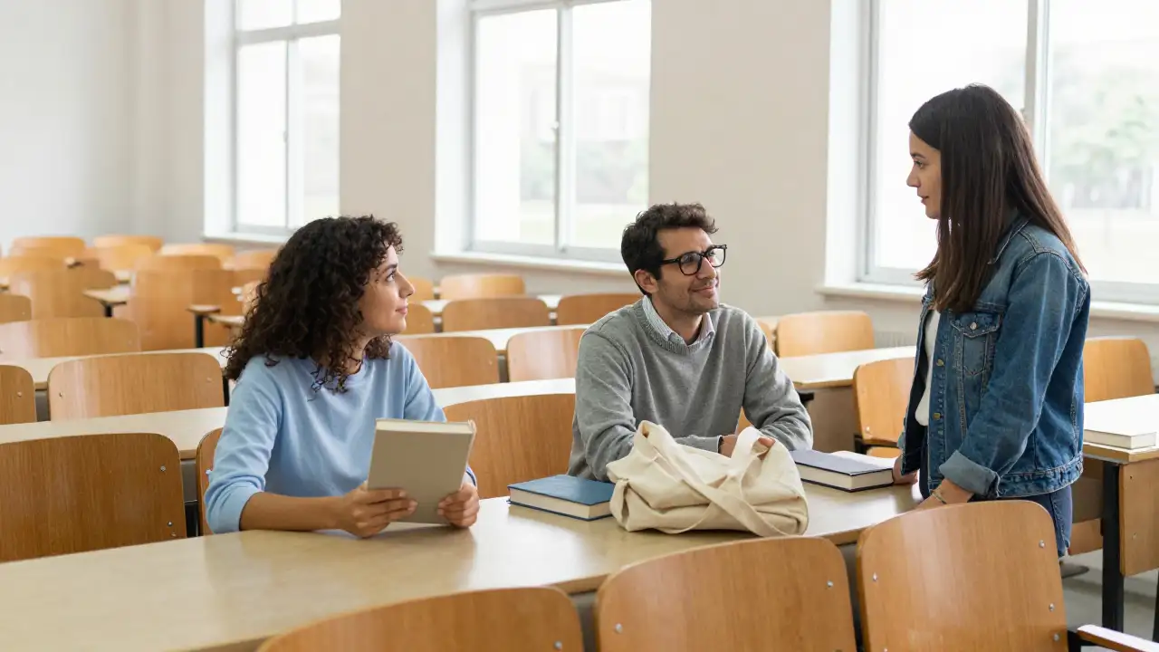 Ilustración generada con IA: Tres personas conversan en un aula universitaria junto a libros cerrados y una bolsa de tela