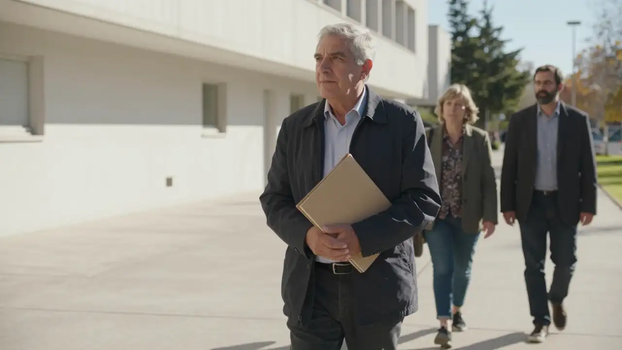 Ilustración generada con IA: Un rector camina con carpetas cerradas por el campus de una universidad pública