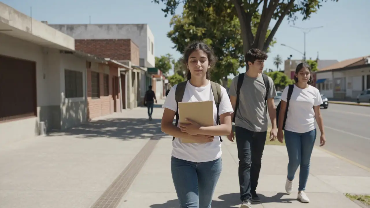 Ilustración generada con IA: Tres estudiantes universitarios caminan tranquilos por una vereda ancha del centro sanjuanino.