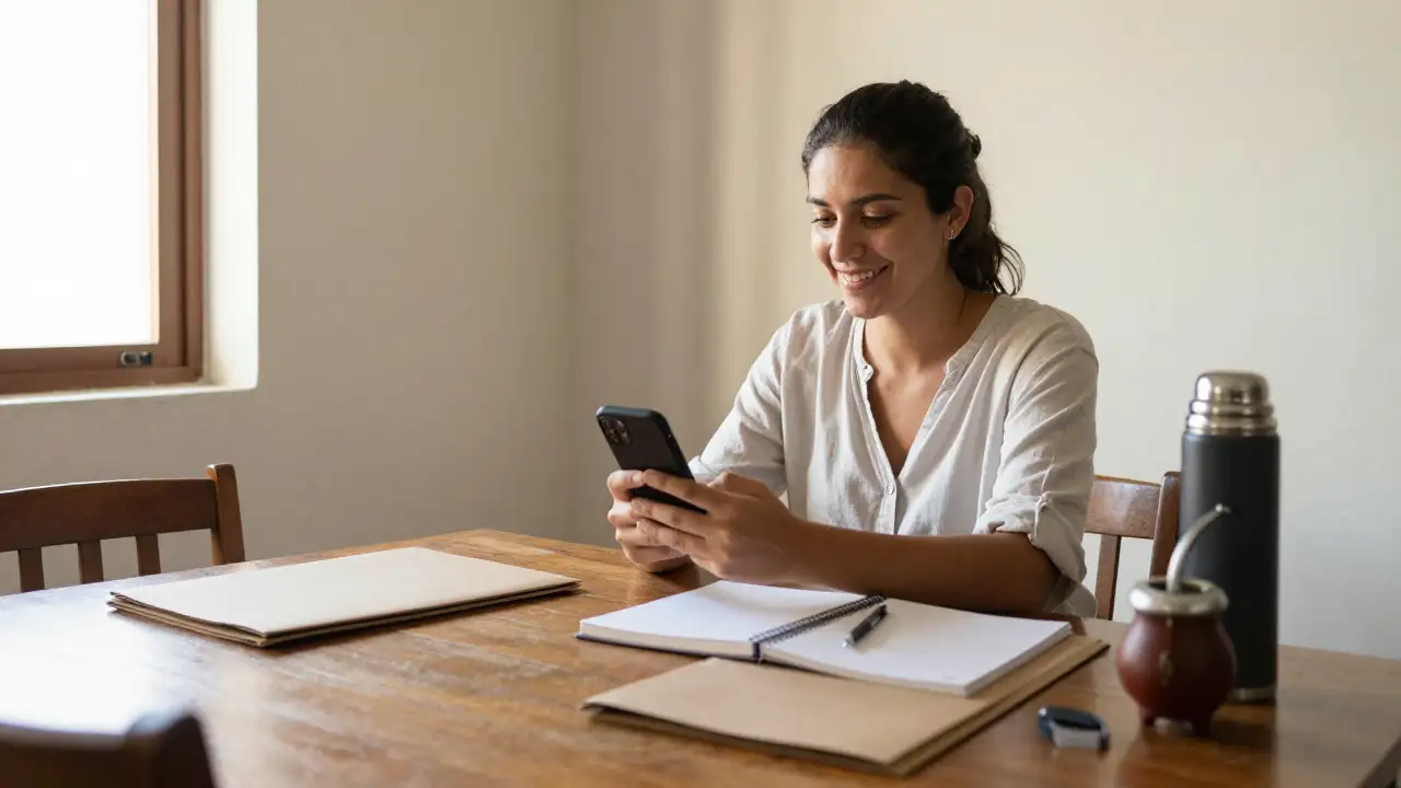 Ilustración generada con IA: Joven docente sonríe con su celular en el comedor de su casa, con carpetas sobre la mesa.