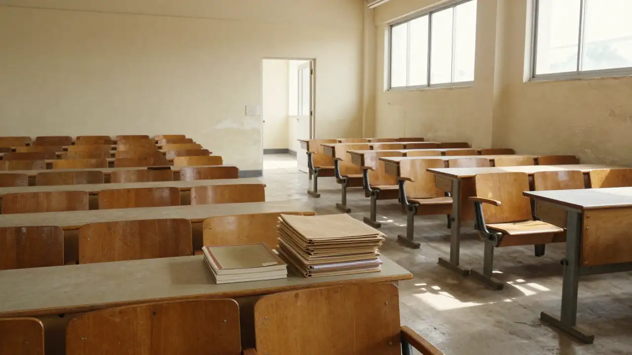 Ilustración generada con IA: Aula universitaria vacía con bancos de madera y carpetas cerradas sobre el escritorio.