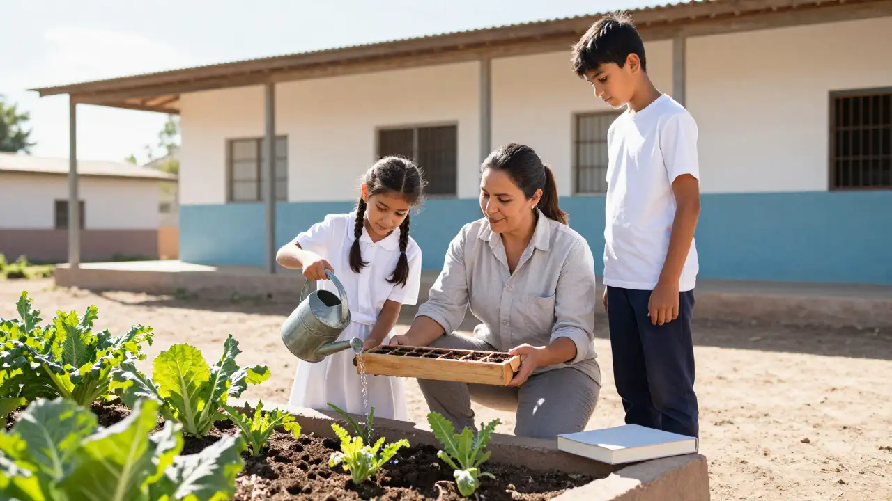 Ilustración generada con IA: Docente y dos alumnos de una escuela albergue trabajan en la huerta junto a un edificio con galería