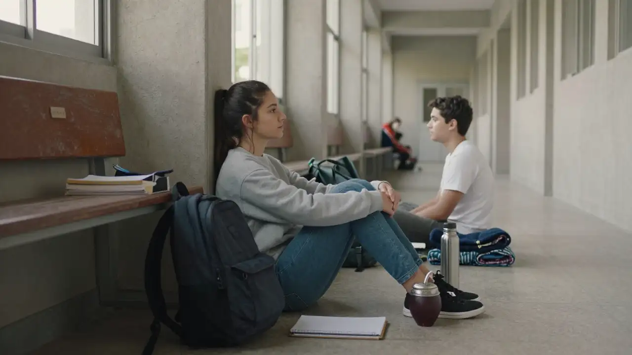 Ilustración generada con IA: Dos estudiantes sentados en el piso de un pasillo universitario con mochilas y mate.