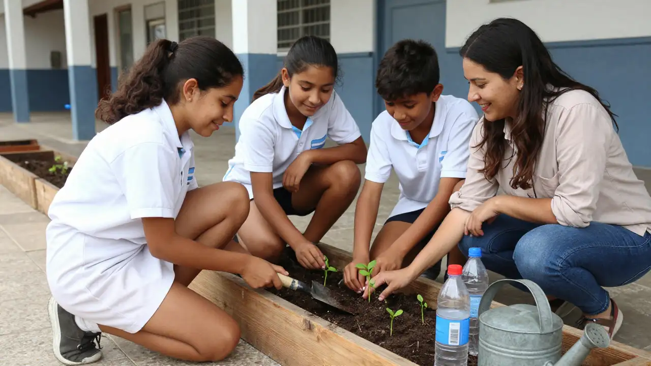 Ilustración generada con IA: Estudiantes y una arquitecta plantan plantines en un cajón de madera en el patio escolar.