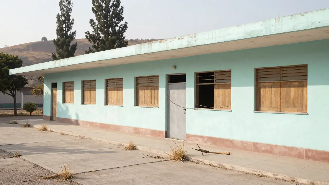 Ilustración generada con IA: Escuela pública abandonada: galería y patio vacíos, puerta con candado y yuyos entre las baldosas