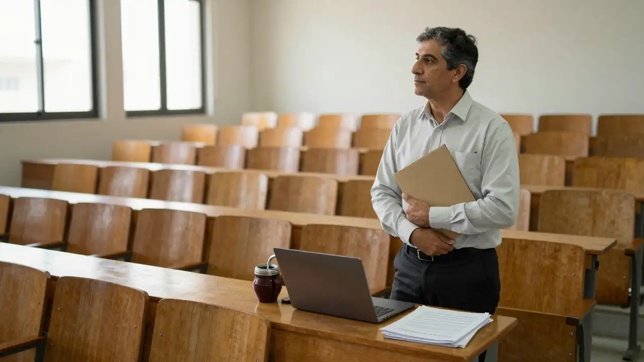 Ilustración generada con IA: Profesor de pie junto a su escritorio en un aula universitaria vacía por la mañana.