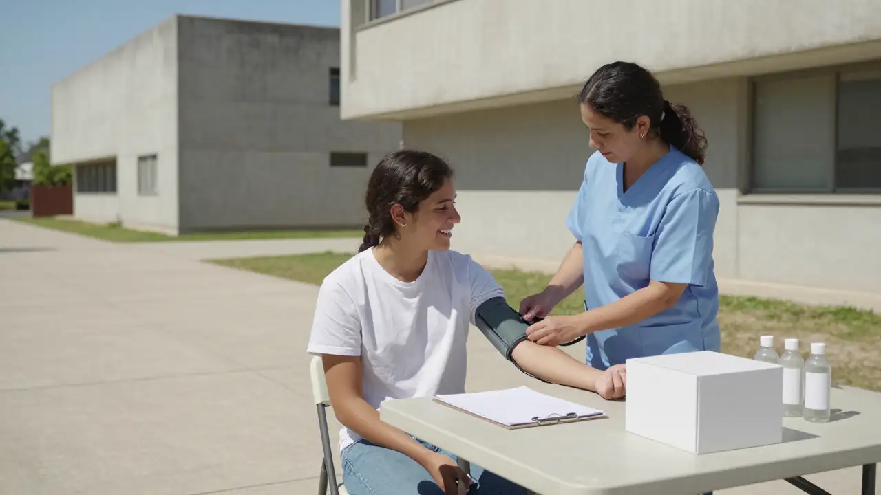 Ilustración generada con IA: Estudiante sonríe mientras una enfermera le controla la presión en una posta del CUIM.
