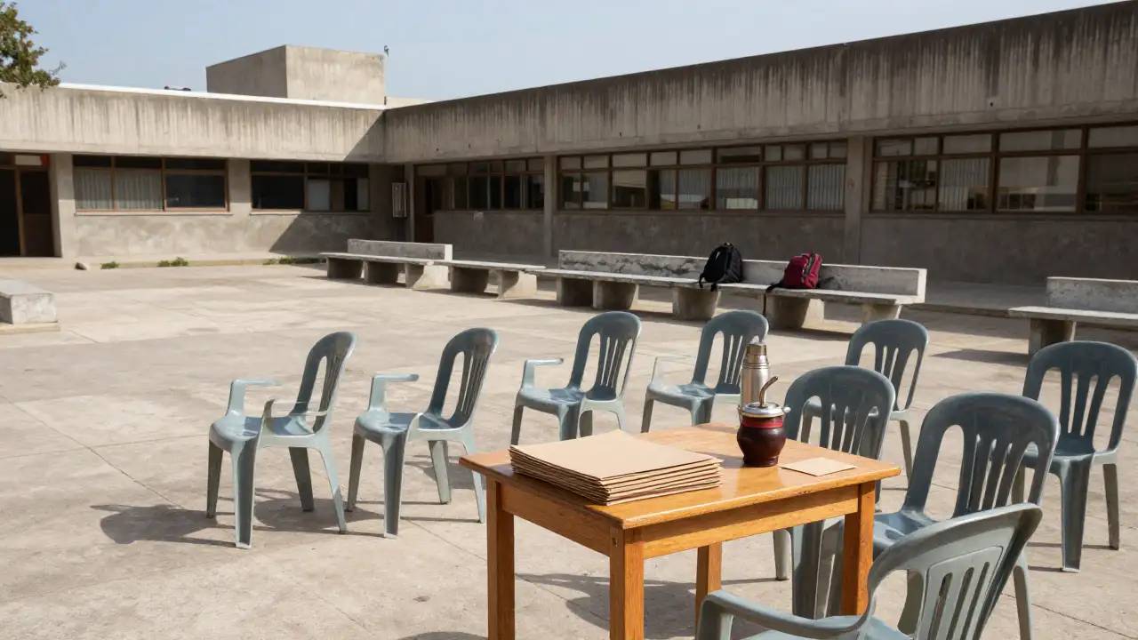 Ilustración generada con IA: Sillas vacías frente a una mesa con carpetas en el patio de la facultad listas para la clase pública.
