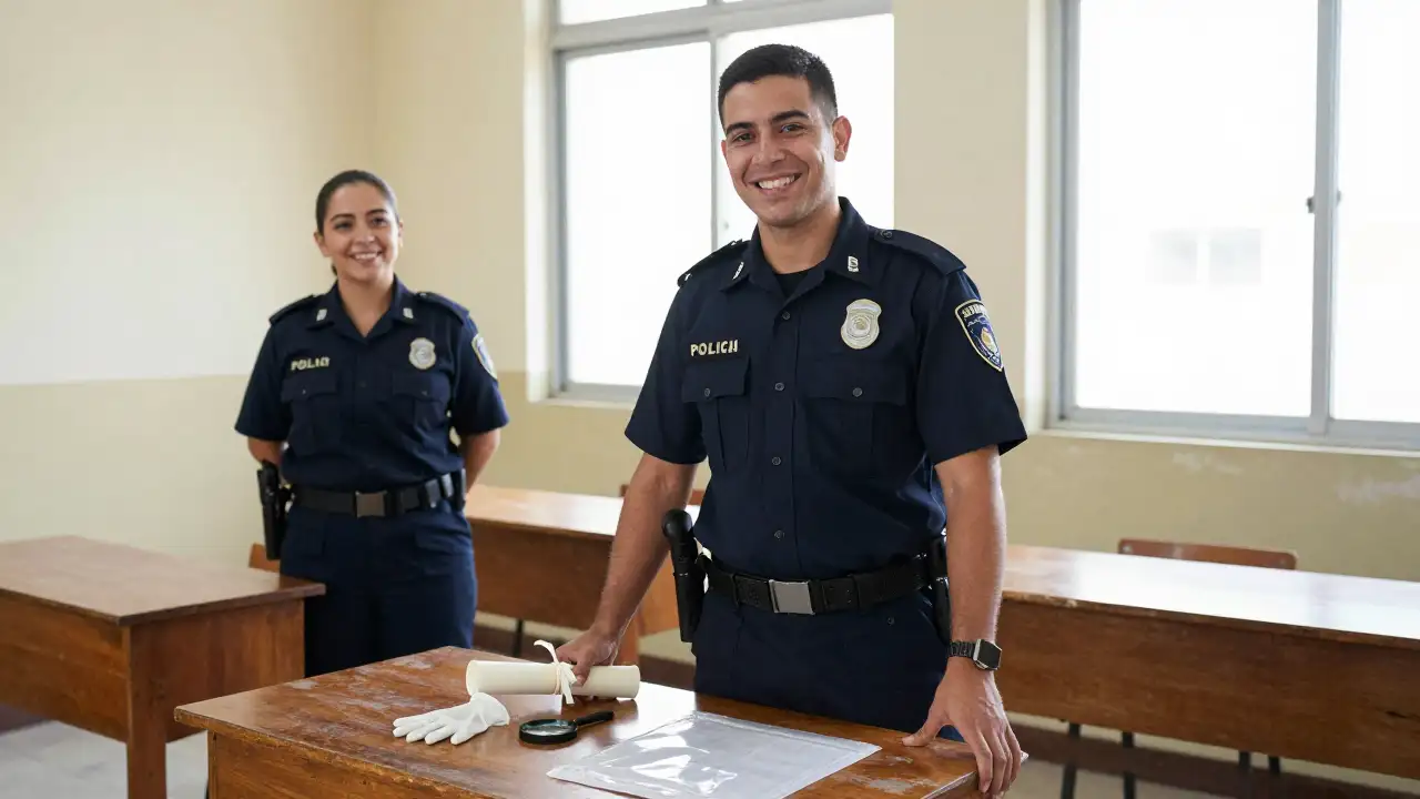 Ilustración generada con IA: Egresado policial con diploma junto a colega en aula de formación