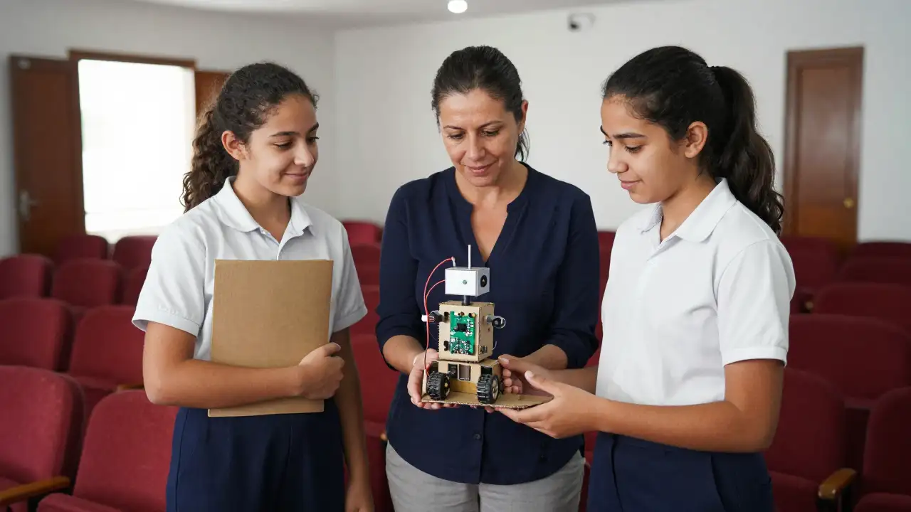 Ilustración generada con IA: Docente y dos estudiantes de técnica conversan en el teatro con un robot de proyecto.