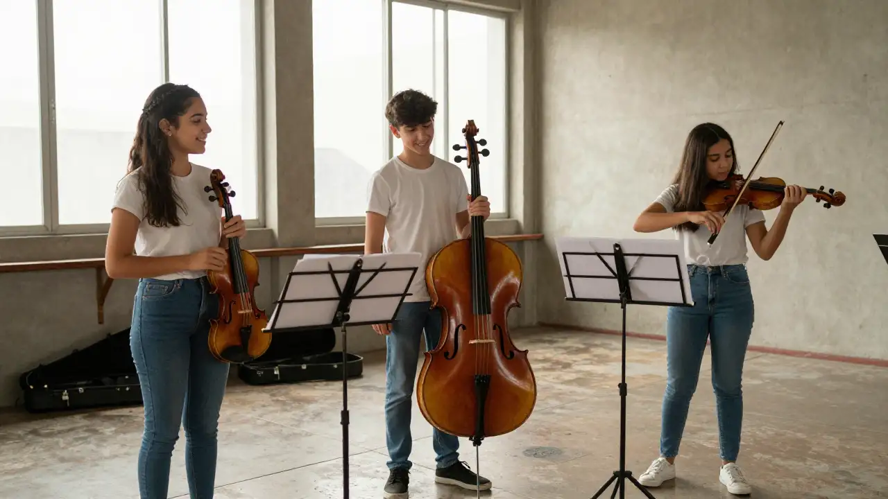 Ilustración generada con IA: Tres jóvenes músicos con violines y chelo en sala de ensayo universitaria.