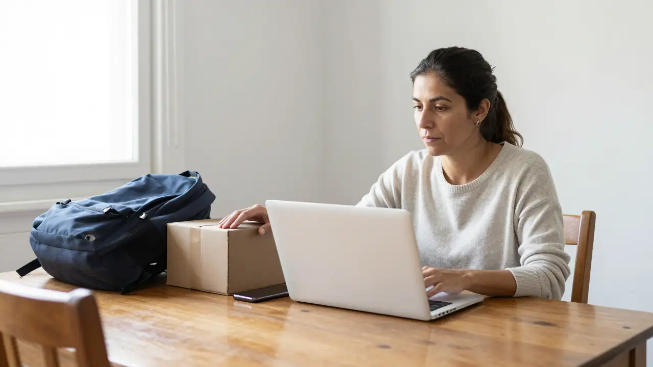 Ilustración generada con IA: Una mujer junto a una netbook cerrada, una caja y una mochila sobre una mesa
