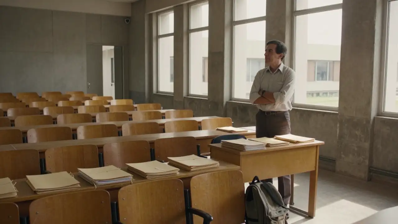 Ilustración generada con IA: Aula universitaria vacía con carpetas cerradas y un docente de pie junto al escritorio.