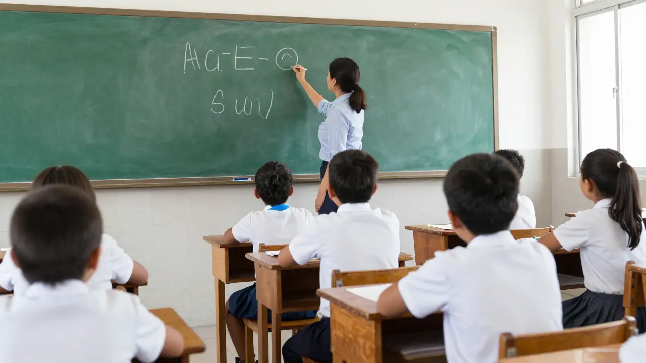 Ilustración generada con IA: Una maestra escribe en el pizarrón de un aula de primaria
