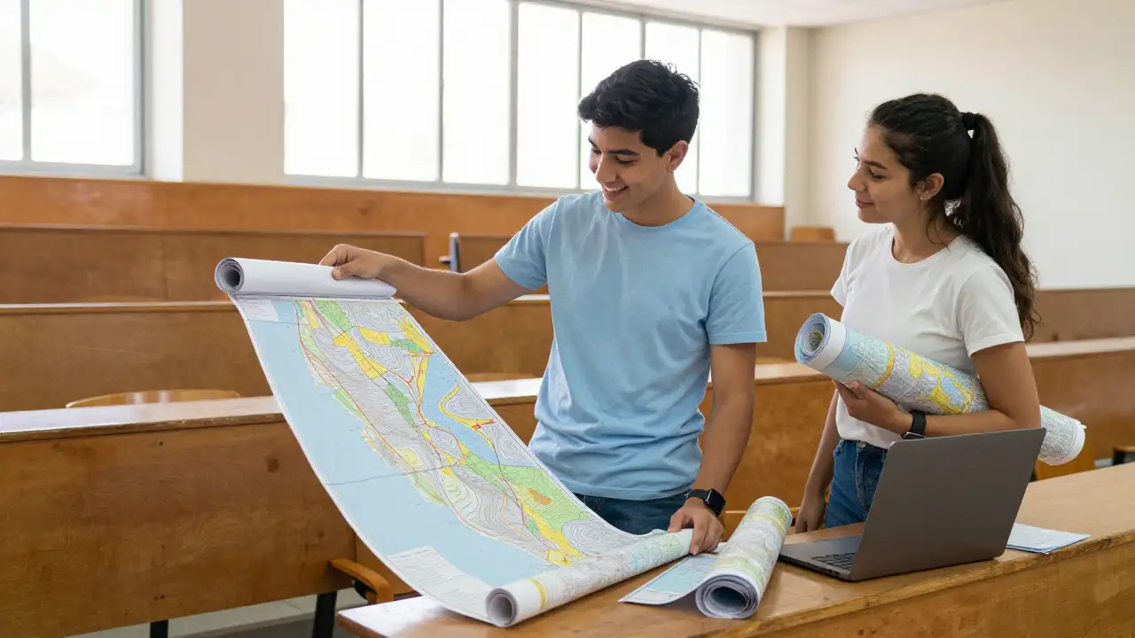 Ilustración generada con IA: Dos estudiantes de Geografía despliegan un mapa sobre un escritorio en un aula universitaria.