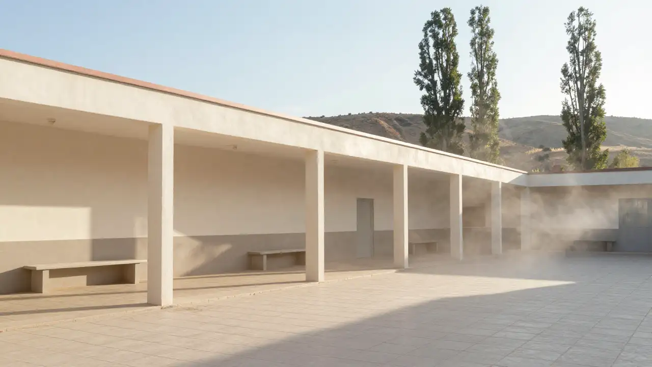 Ilustración generada con IA: Patio de escuela vacío en Jáchal, con polvo en el aire y álamos inclinados por el viento