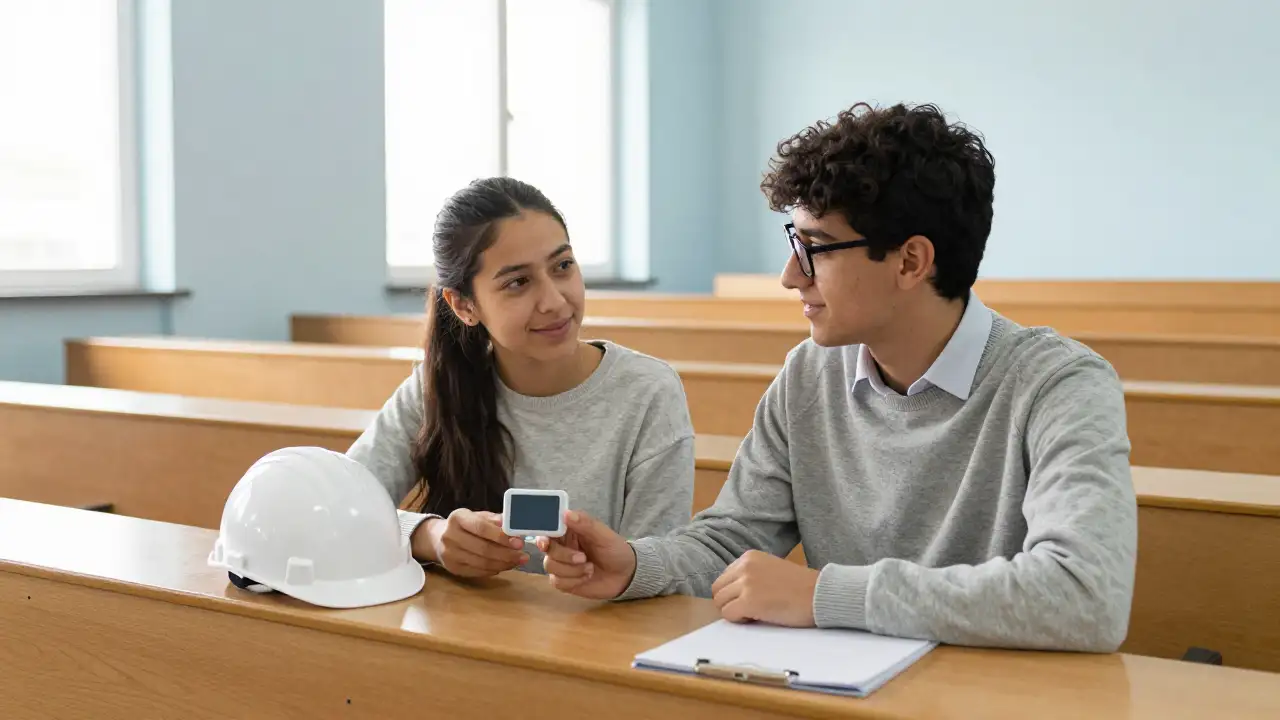 Ilustración generada con IA: Dos estudiantes de ingeniería conversan en un aula universitaria con un sensor médico, un casco blanco y una carpeta.