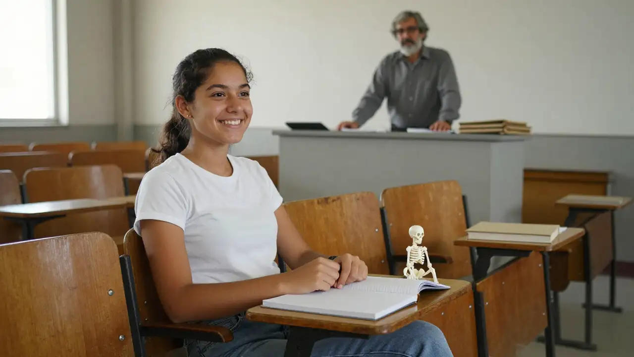 Ilustración generada con IA: Estudiante de Medicina sonríe en aula universitaria con libro y esqueleto junto a profesor.