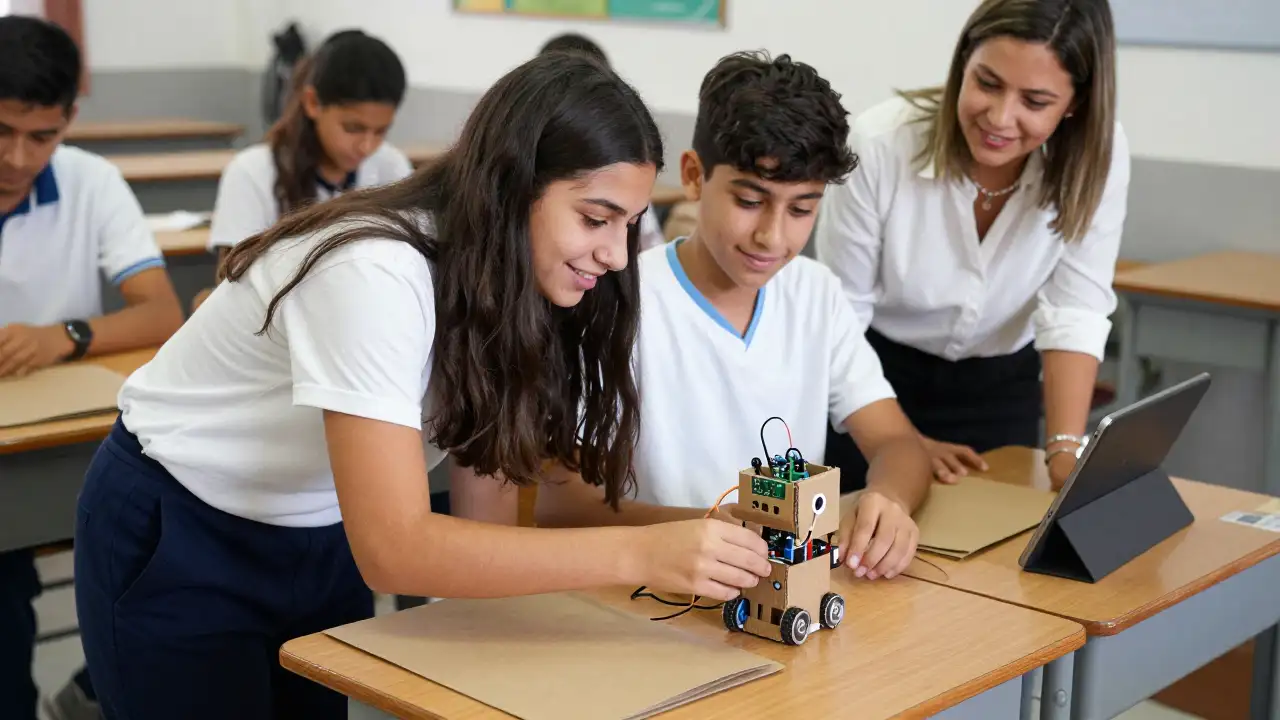 Ilustración generada con IA: Estudiantes secundarios arman un robot en el aula junto a su docente.
