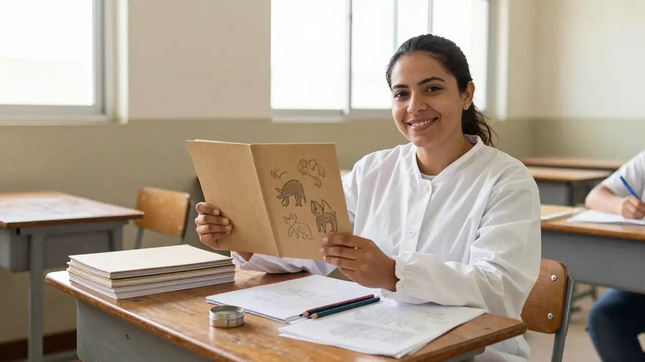 Ilustración generada con IA: Docente con guardapolvo muestra libros de dibujo sobre un pupitre en un aula.