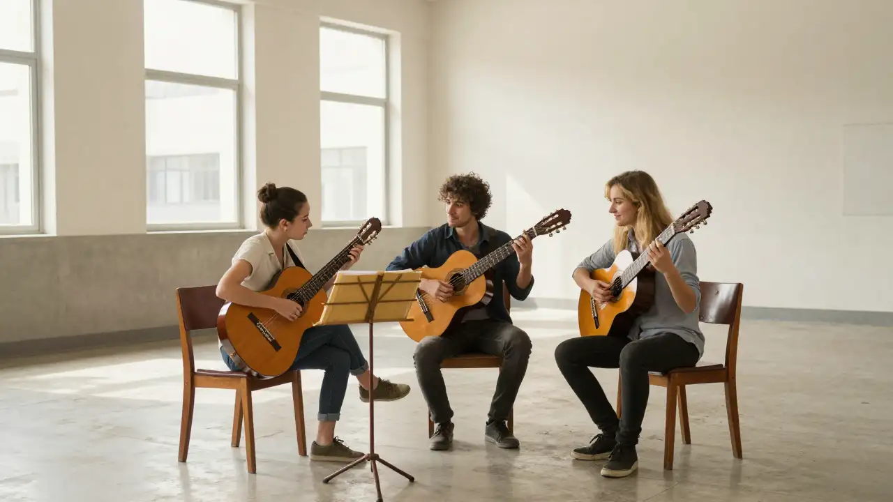 Ilustración generada con IA: Tres jóvenes guitarristas ensayan con guitarras clásicas y una partitura cerrada en un aula universitaria.