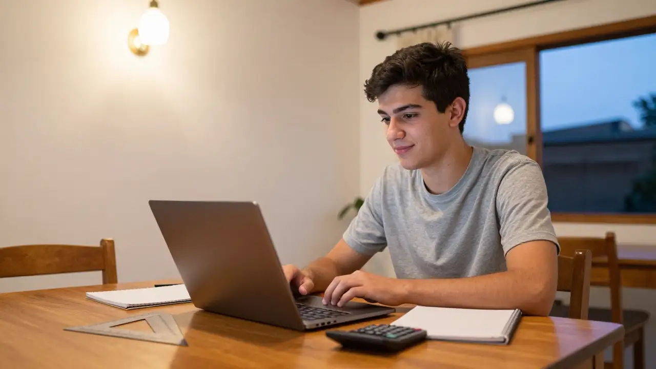 Ilustración generada con IA: Joven ingresante de ingeniería estudiando a la noche en su casa con notebook y calculadora.