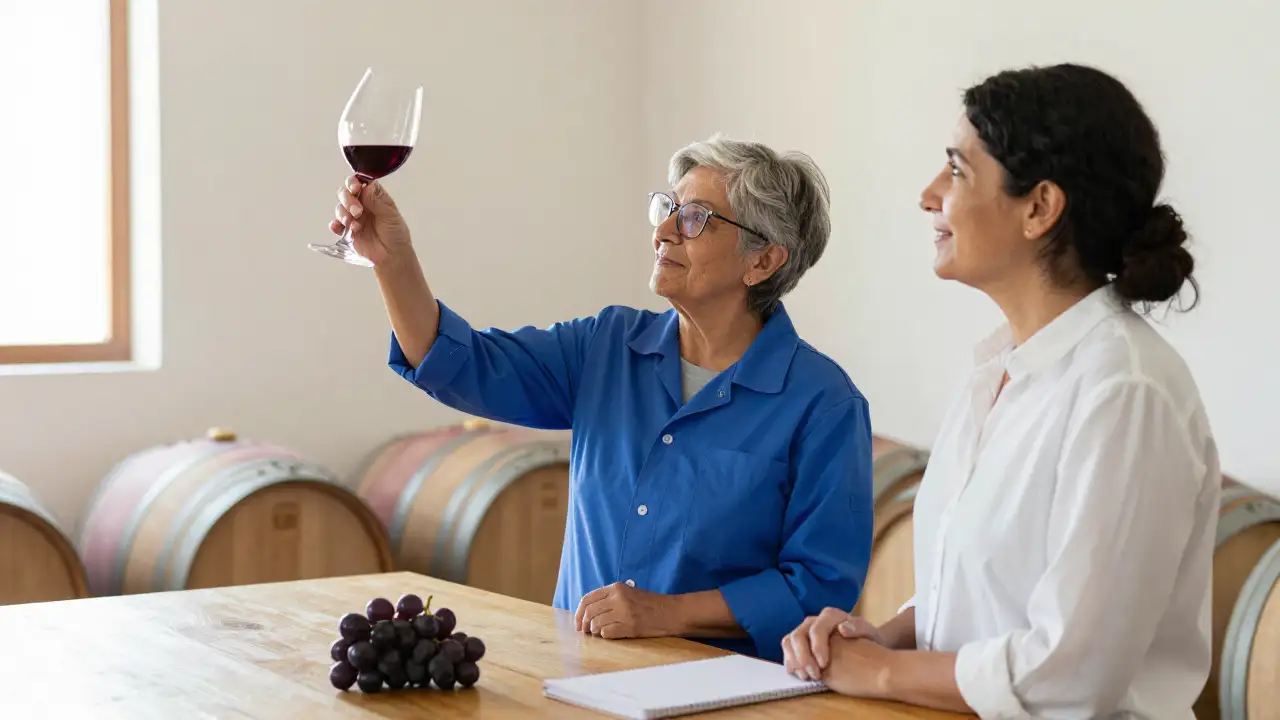 Ilustración generada con IA: Dos enólogas con copas de vino y uvas en una bodega sanjuanina