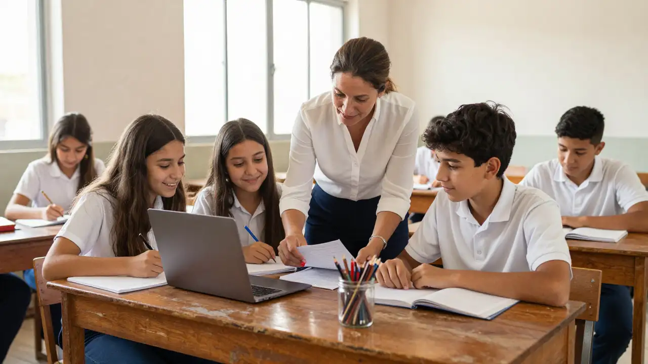 Ilustración generada con IA: Docente y tres estudiantes secundarios colaboran sonrientes en un aula de escuela pública sanjuanina.