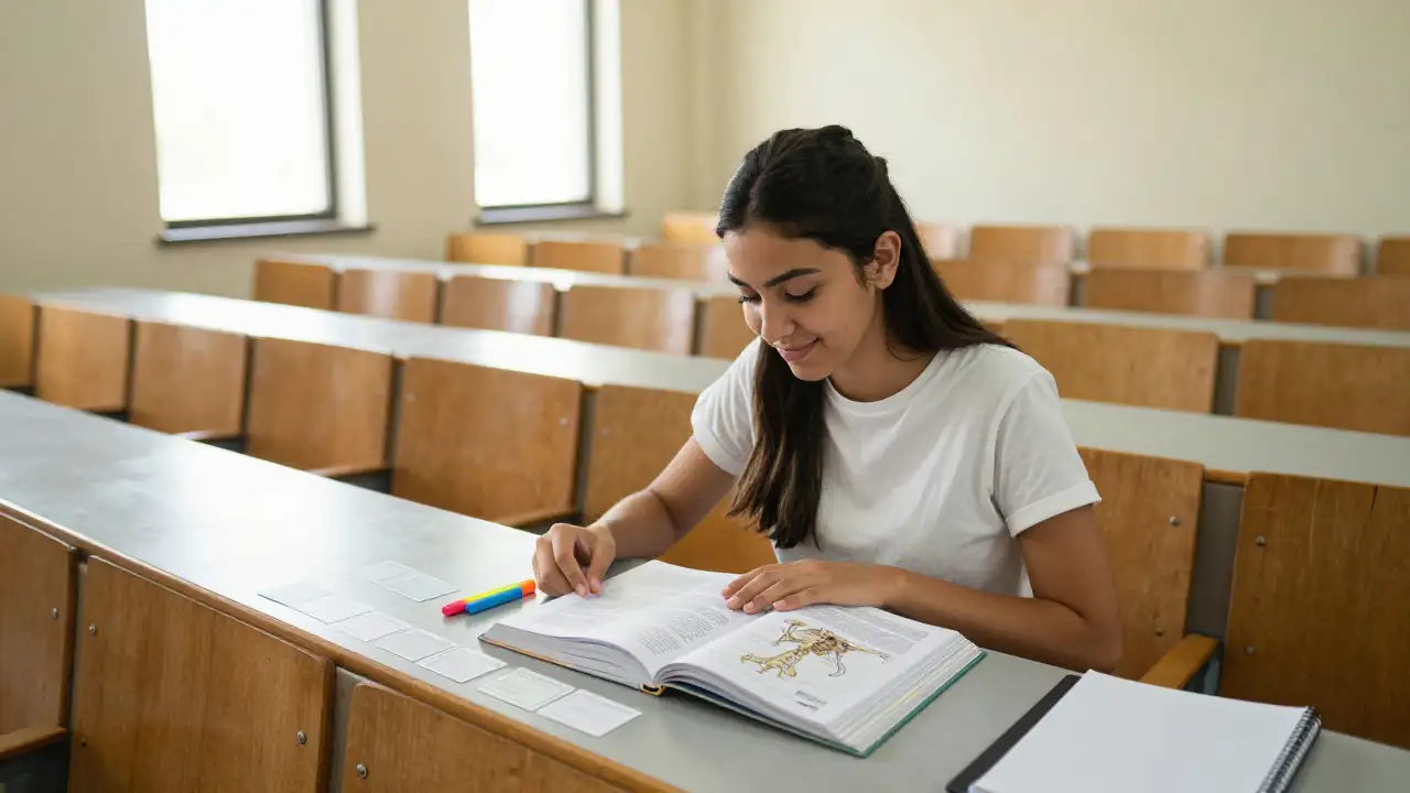 Ilustración generada con IA: Joven de 20 años estudiando anatomía en un aula grande de la universidad.