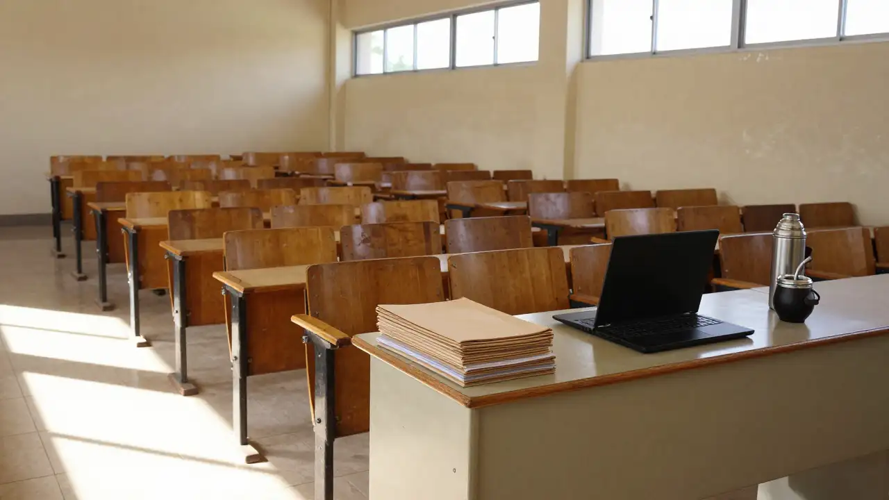 Ilustración generada con IA: Aula universitaria vacía con hileras de bancos y carpetas cerradas sobre el escritorio.