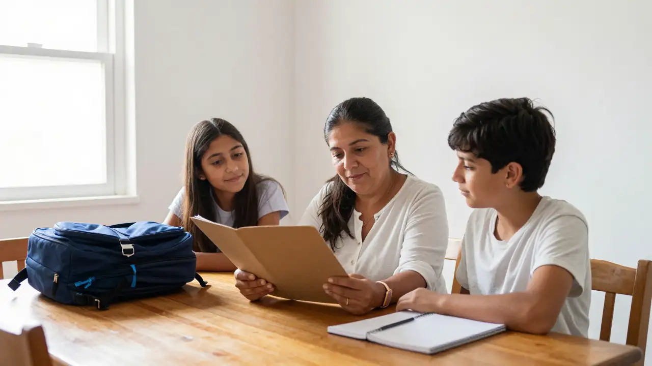 Ilustración generada con IA: Madre e hijos adolescentes preparan una carpeta cerrada y una mochila sobre la mesa del comedor, con luz de mañana.