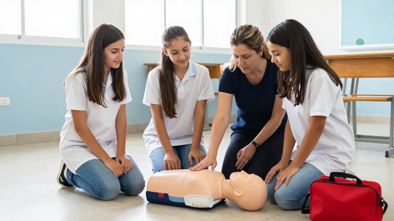 Ilustración generada con IA: Estudiantes practican RCP con un muñeco de entrenamiento en un aula, guiados por una instructora.