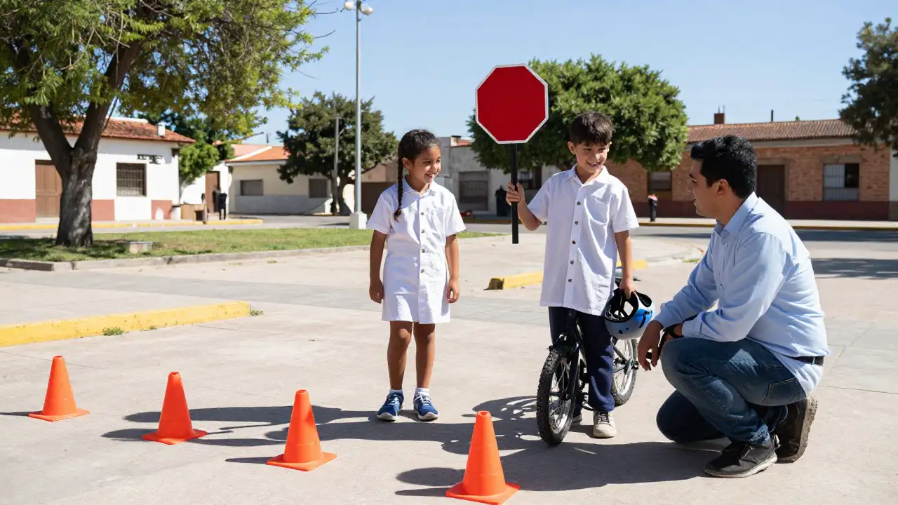 Ilustración generada con IA: Dos escolares juegan con conos viales junto a un monitor en una plaza soleada.
