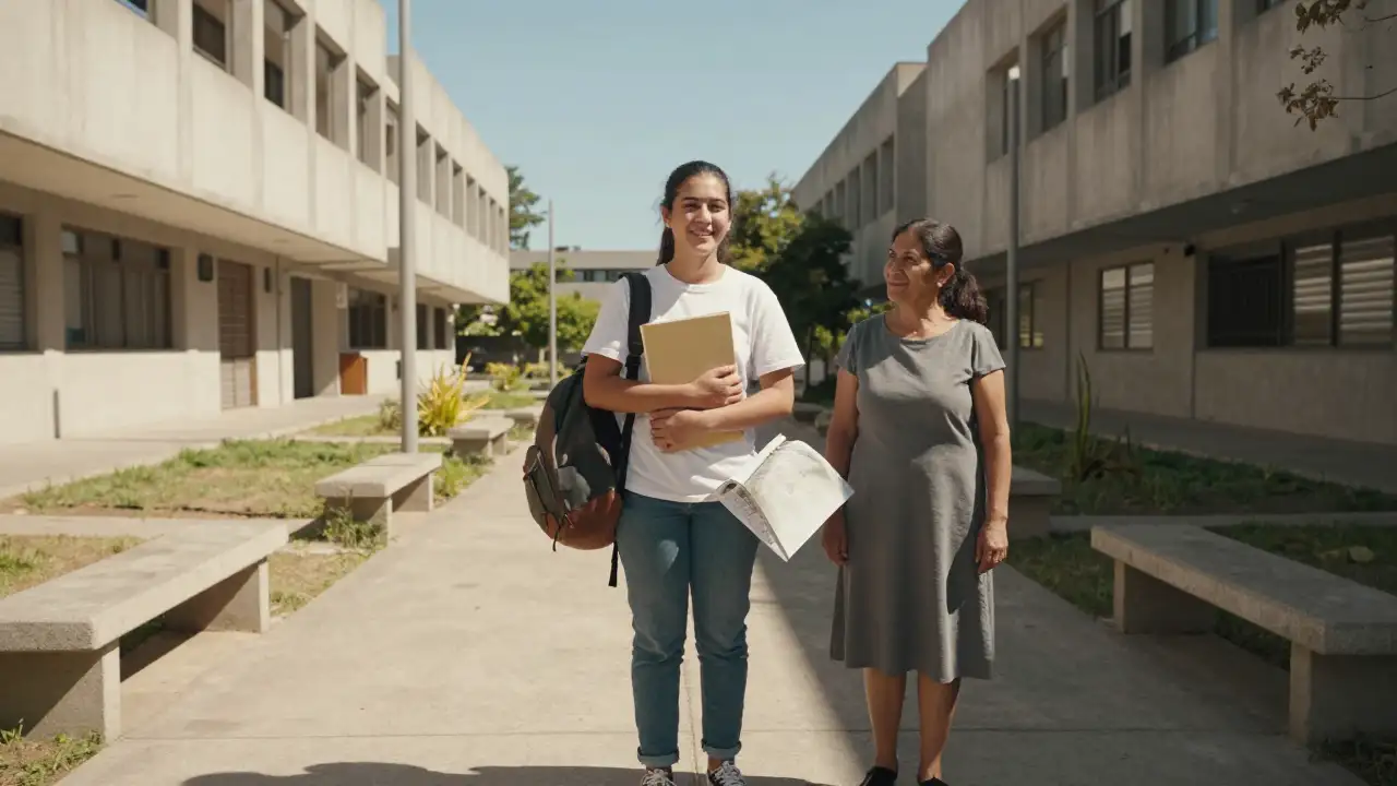 Ilustración generada con IA: Joven graduada con carpeta en la universidad pública junto a su madre.