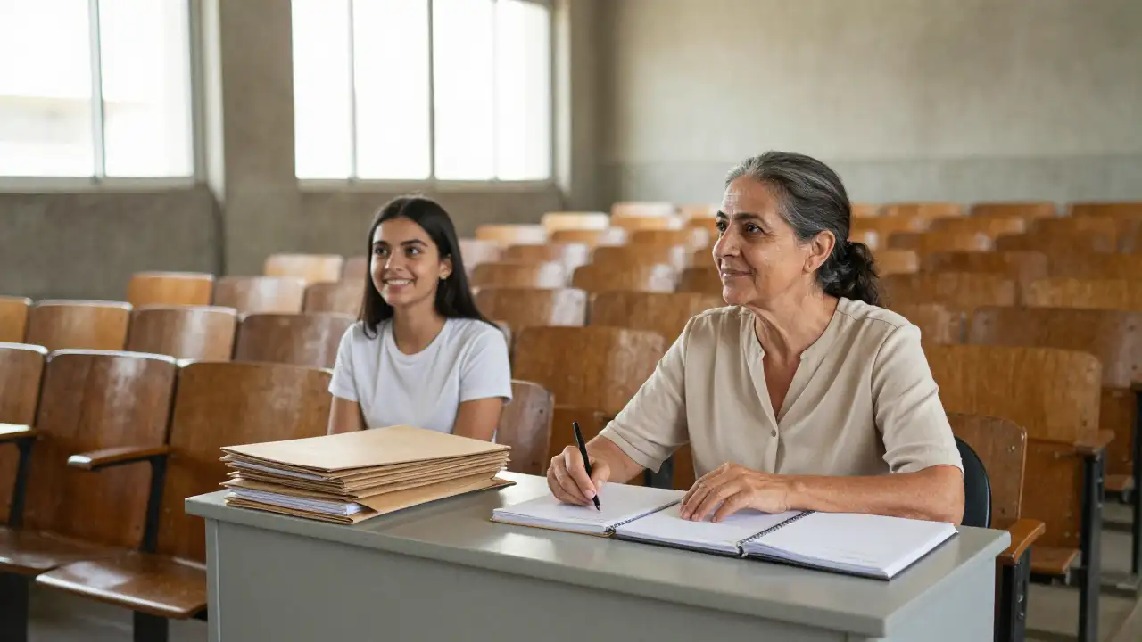 Ilustración generada con IA: Profesora en aula universitaria con carpetas cerradas junto a una estudiante.
