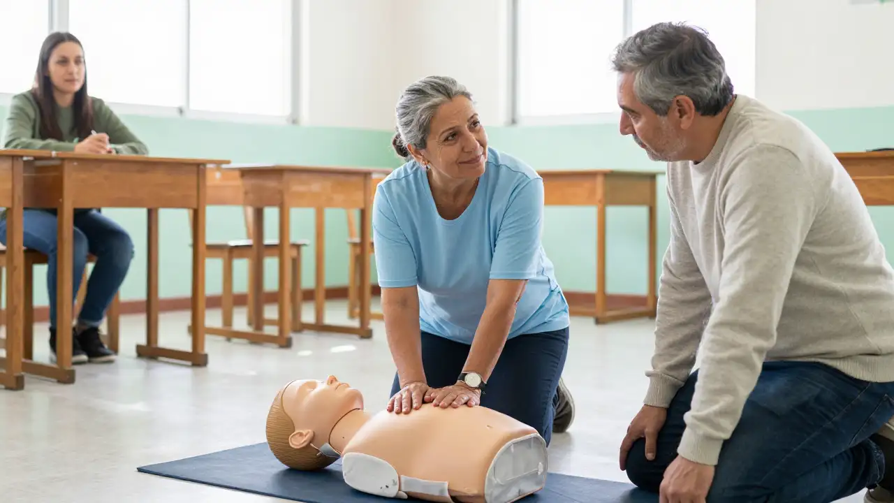 Ilustración generada con IA: Docente arrodillada junto a un maniquí de RCP en un aula de Jáchal, con un colega observando