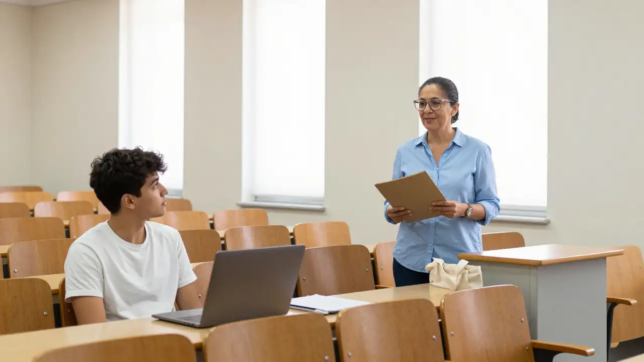 Ilustración generada con IA: Una profesora conversa con un estudiante en un aula universitaria, con carpeta y notebook cerradas